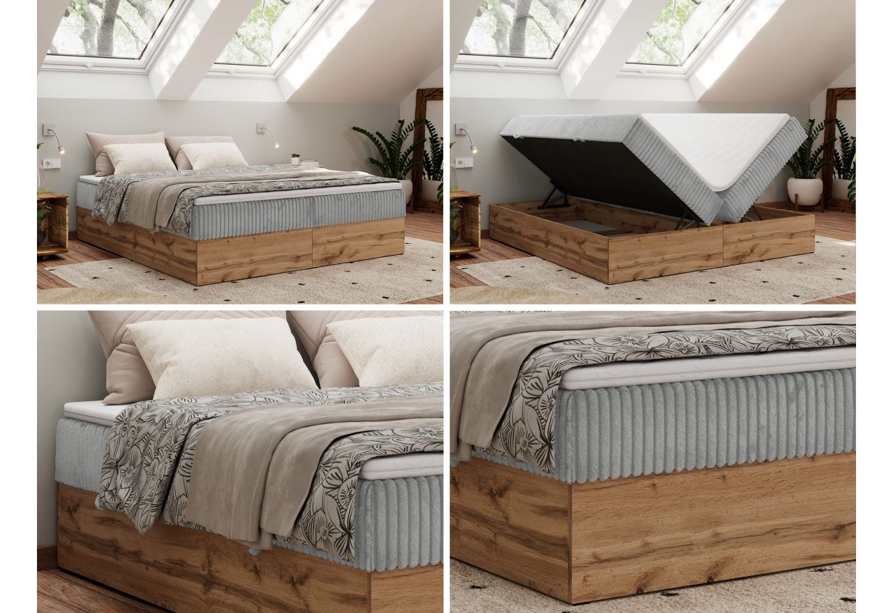 Łóżko kontynentalne - WOOD ZERO 180x200 - H3 - jasnoszary, sztruks - topper Visco