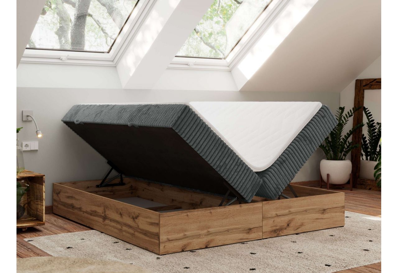 Łóżko kontynentalne - WOOD ZERO 160x200 - H3 - szary, sztruks - topper Visco