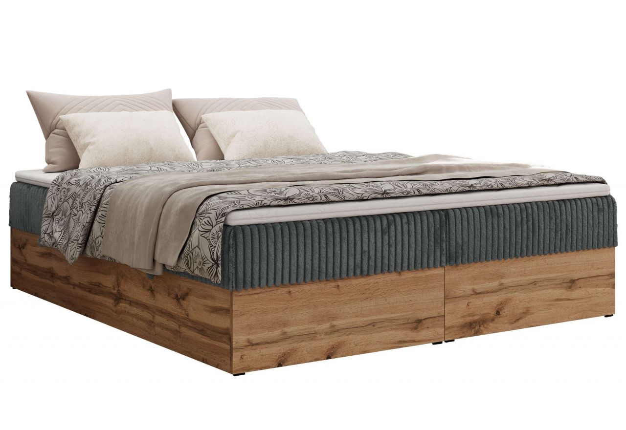 Łóżko kontynentalne - WOOD ZERO 180x200 - H3 - szary, sztruks - topper Visco