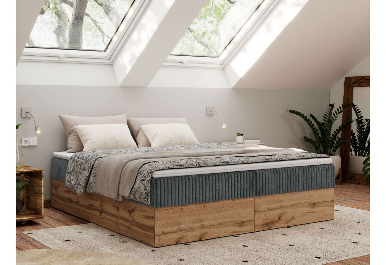 Łóżko kontynentalne - WOOD ZERO 160x200 - H4 - szary, sztruks - topper Visco