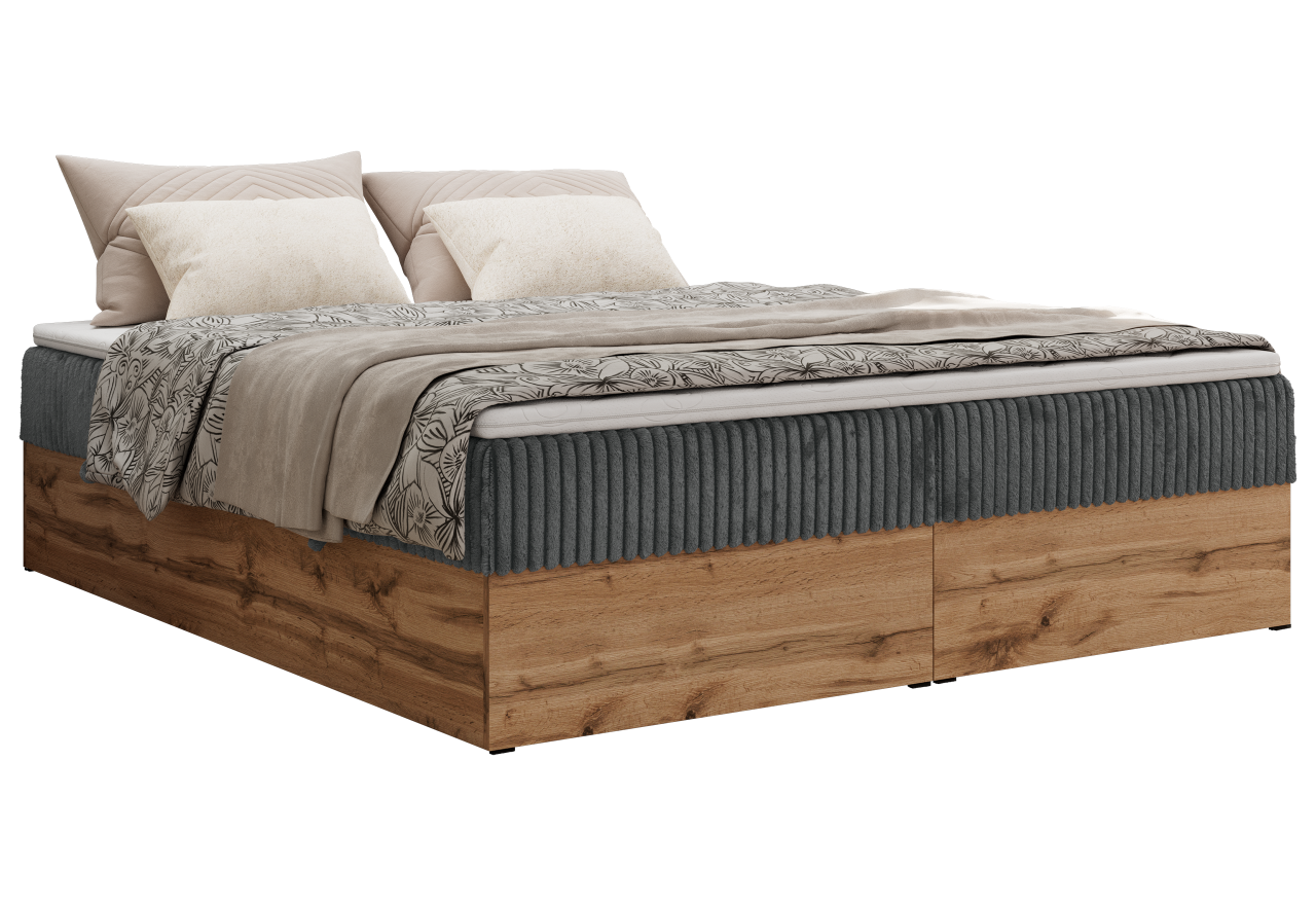 Łóżko kontynentalne - WOOD ZERO 180x200 - H4 - szary, sztruks - topper Visco