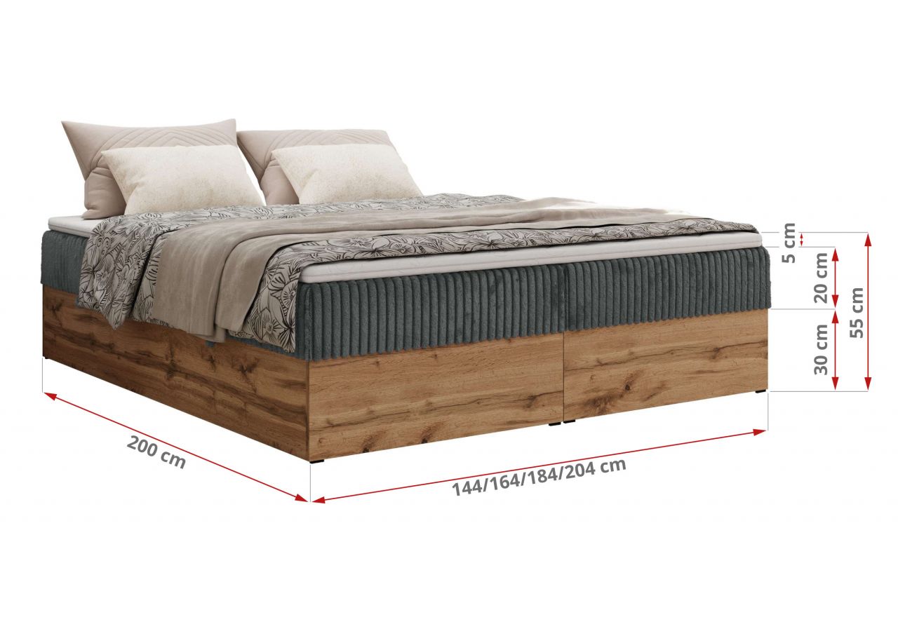 Łóżko kontynentalne - WOOD ZERO 180x200 - H4 - szary, sztruks - topper Visco
