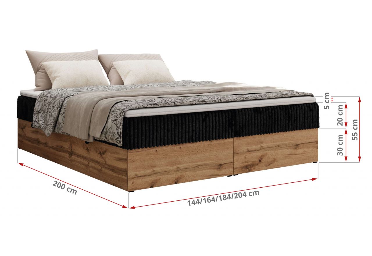 Łóżko kontynentalne - WOOD ZERO 140x200 - H3 - czarny, sztruks - topper Visco