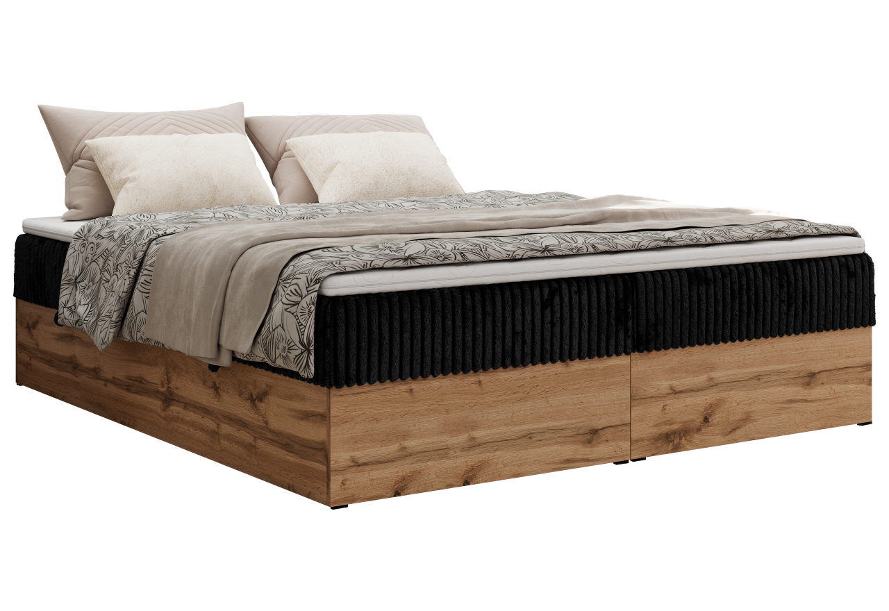 Łóżko kontynentalne - WOOD ZERO 140x200 - H4 - czarny, sztruks - topper Visco