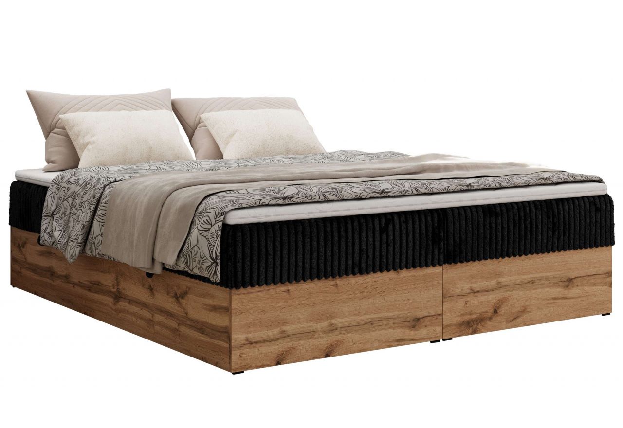 Łóżko kontynentalne - WOOD ZERO 200x200 - H4 - czarny, sztruks - topper Visco