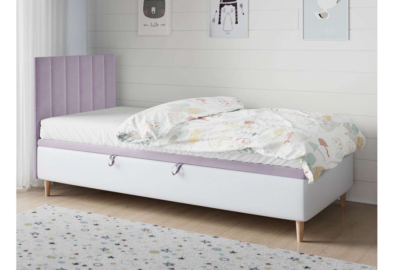 Praktyczne łóżko jednoosobowe z pojemnikiem na pościel do sypialni dziecka - NELA 1 wrzosowy welwet z białą ecoskórą