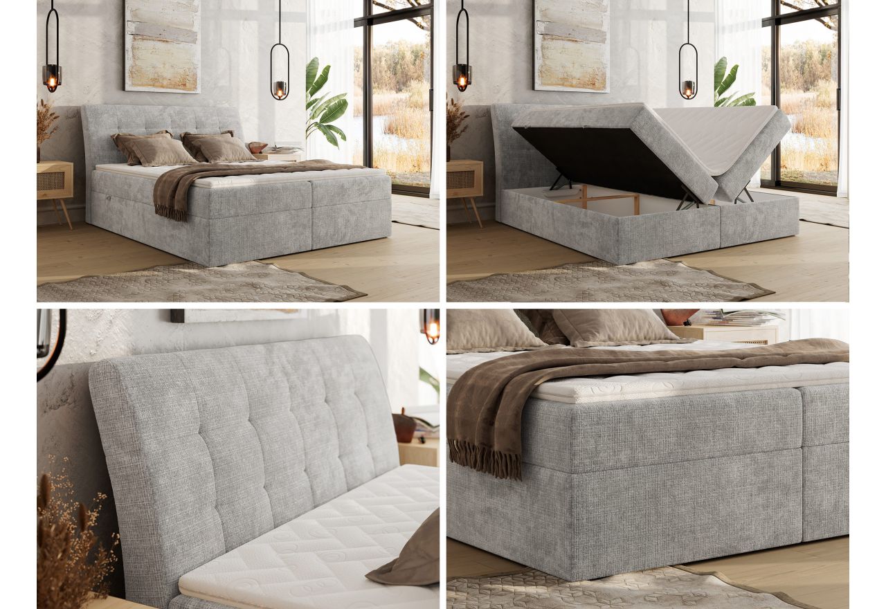 Łóżko kontynentalne - DAGOS 140x200 - H4 - jasnoszary, szenil grubo tkany - Topper T25