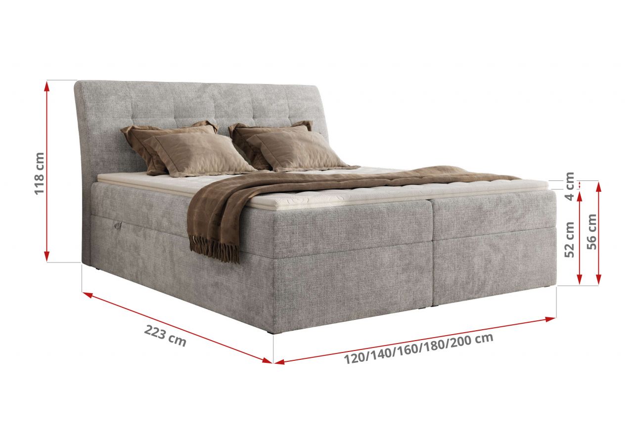 Łóżko kontynentalne - DAGOS 180x200 - H4 - jasnoszary, szenil grubo tkany - Topper T25