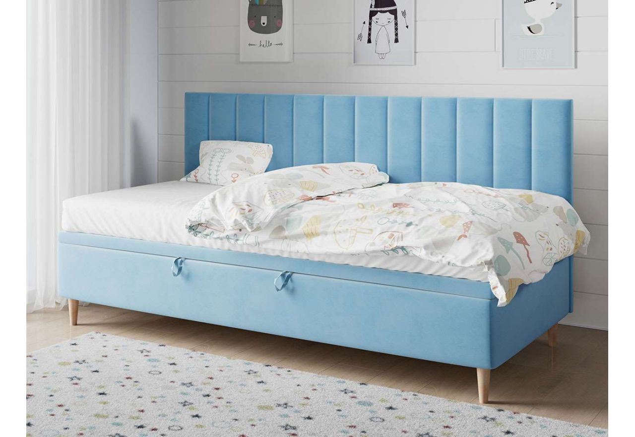 Błękitne, niebieskie łóżko pojedyncze z pojemnikiem na pościel do pokoju nastolatka - NELA 2 Magic Velvet 2260