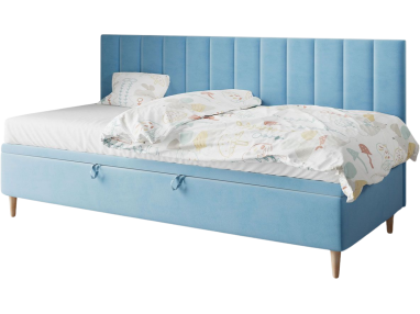 Błękitne, niebieskie łóżko pojedyncze z pojemnikiem na pościel do pokoju nastolatka - NELA 2 Magic Velvet 2260