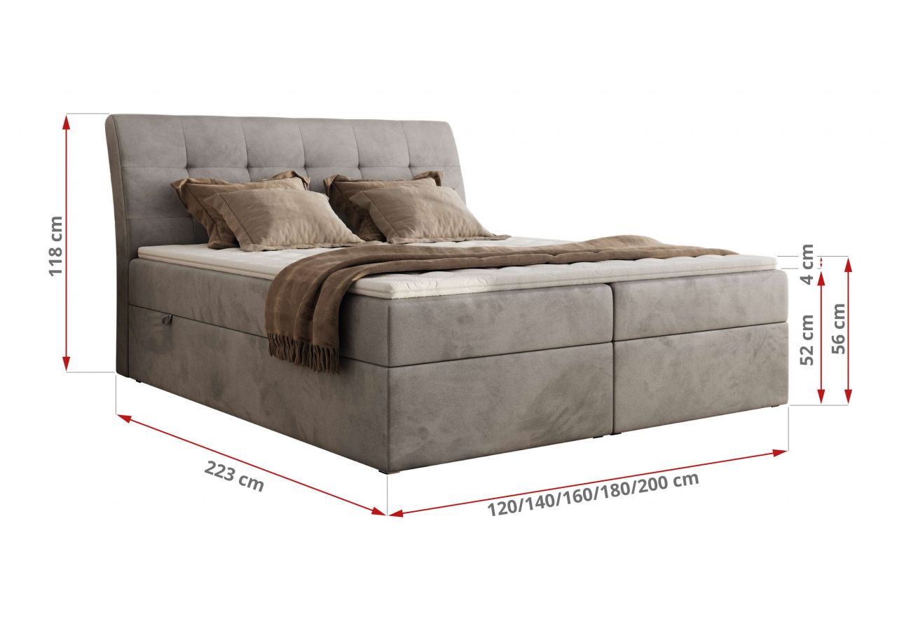 Łóżko kontynentalne - DAGOS 160x200 - H3 - jasnoszary, welwet - Topper T25