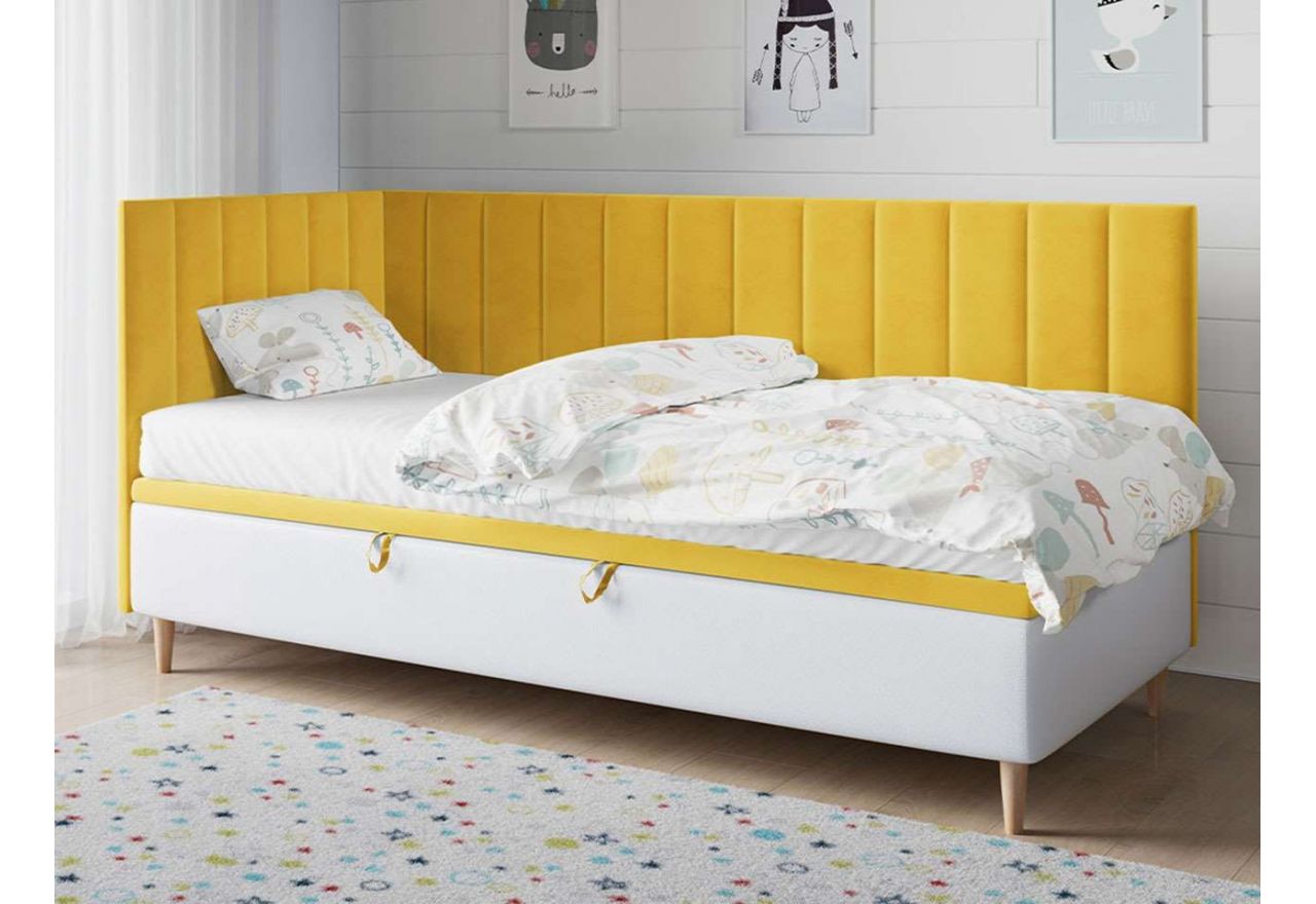 Jasne, praktyczne łóżko jednoosobowe, kontynentalne z pojemnikiem na pościel do pokoju - NELA 3 żółty welwet i biała ecoskóra