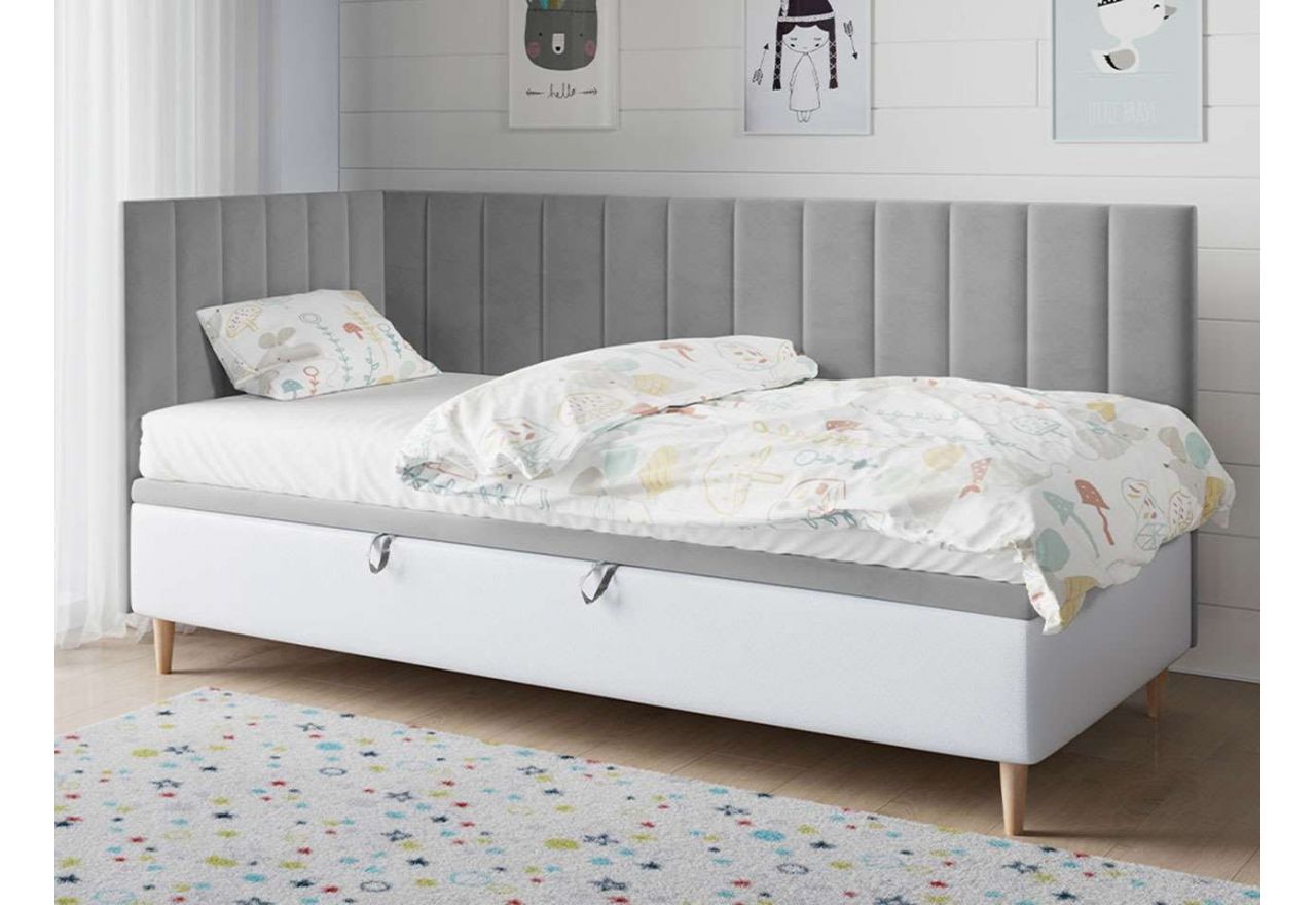 Szaro-białe pojedyncze, praktyczne łóżko kontynentalne z pojemnikiem na pościel - NELA 3 Magic Velvet 2240 / Madryt 920