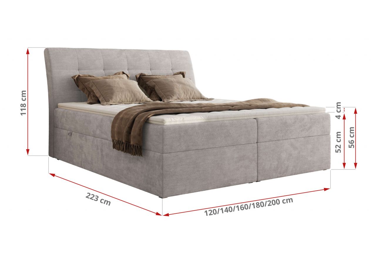 Łóżko kontynentalne - DAGOS 160x200 - H4 - jasnoszary, szenil gładki - Topper T25