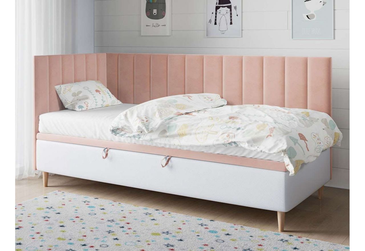 Pudrowo różowe łóżko kontynentalne z pojemnikiem do pokoju dziewczęcego - NELA 3 Magic Velvet 2253 / Madryt 920