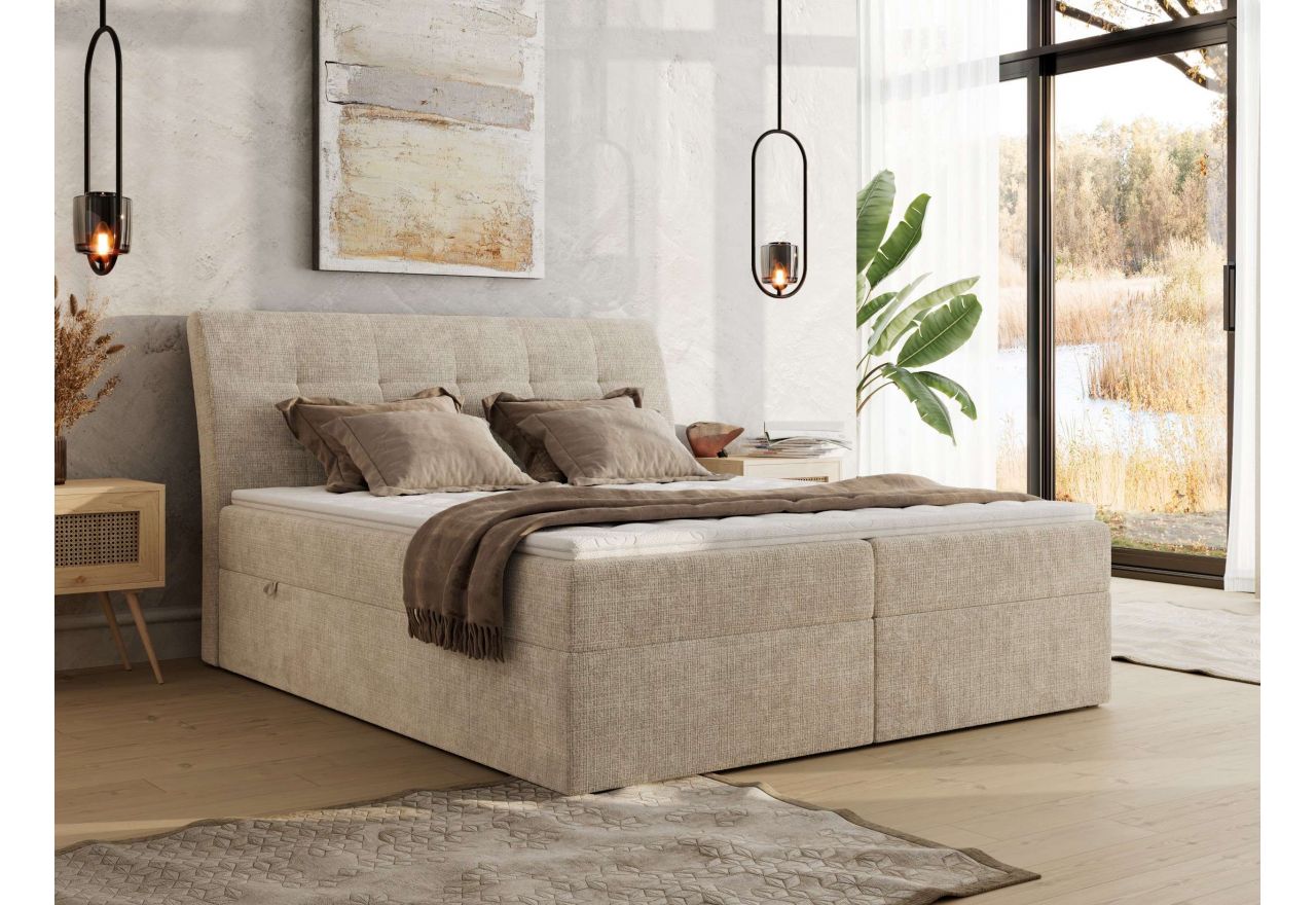 Łóżko kontynentalne - DAGOS 160x200 - H4 - beżowy, szenil grubo tkany - Topper Visco