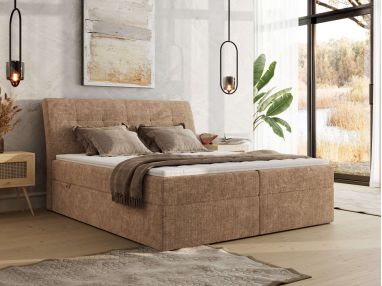 Łóżko kontynentalne - DAGOS 160x200 - H4 - jasnobrązowy, szenil grubo tkany - Topper Visco