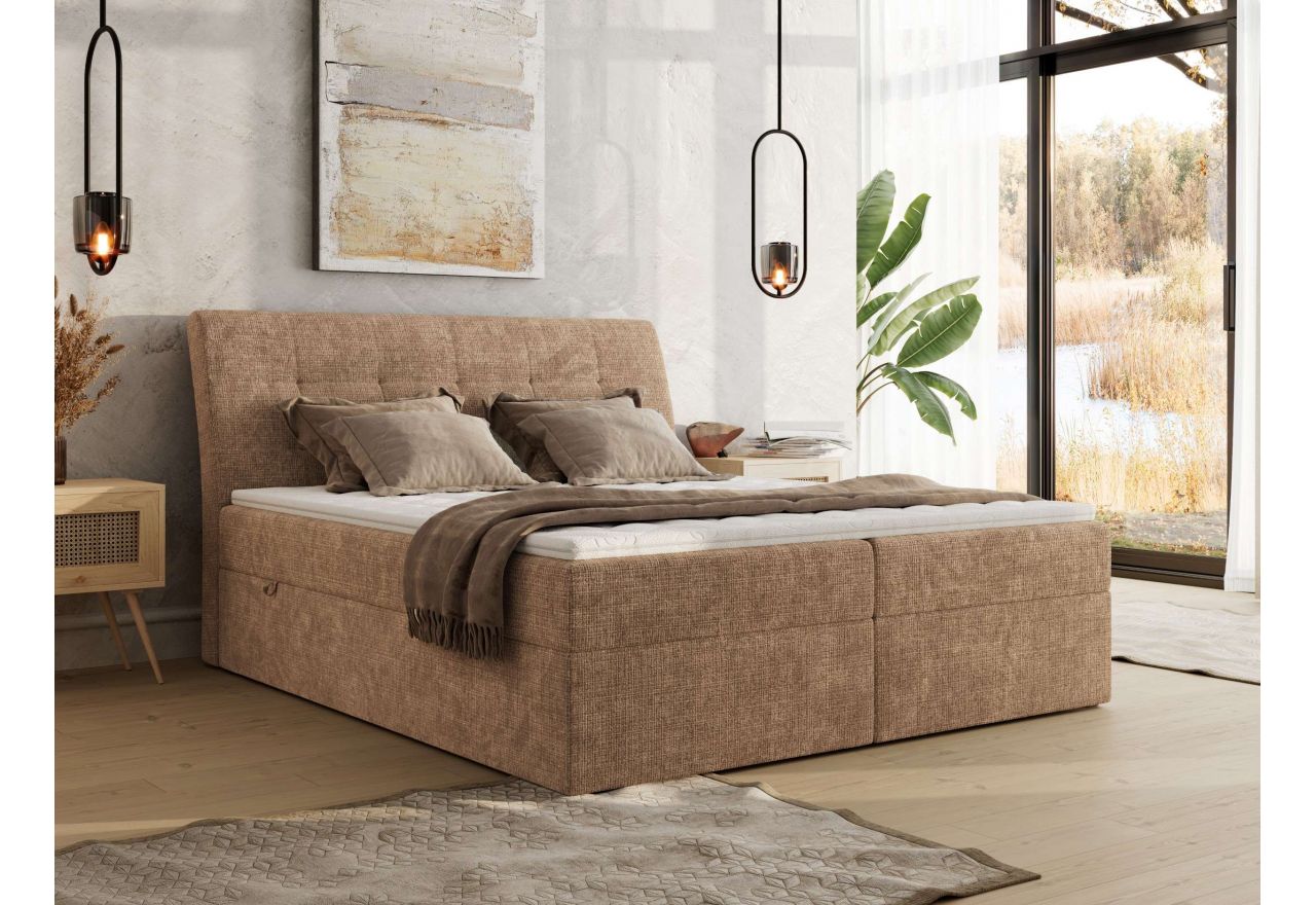 Łóżko kontynentalne - DAGOS 160x200 - H4 - jasnobrązowy, szenil grubo tkany - Topper Visco