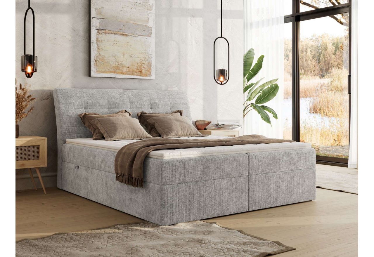 Łóżko kontynentalne - DAGOS 160x200 - H4 - jasnoszary, szenil grubo tkany - Topper Visco