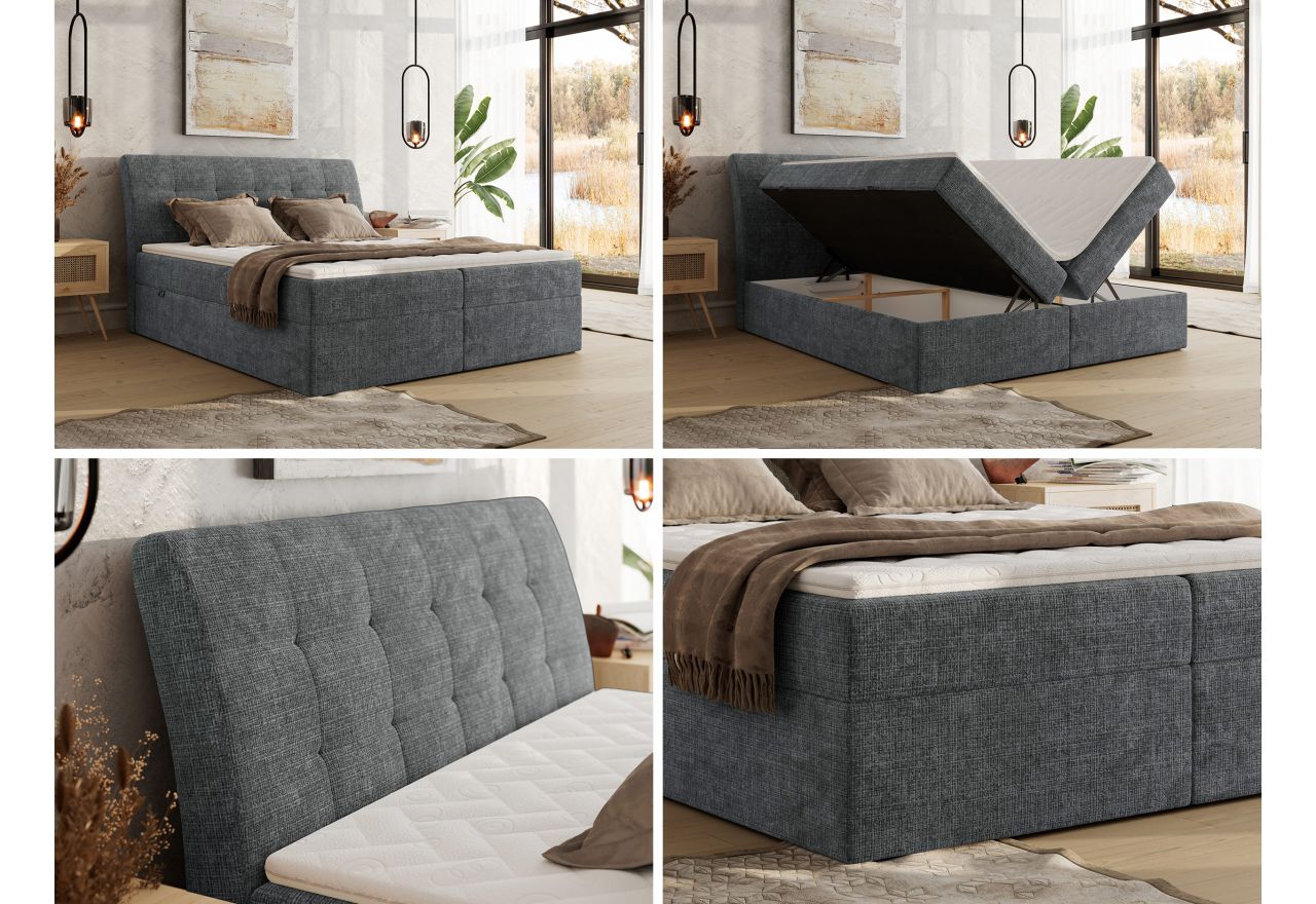 Łóżko kontynentalne - DAGOS 180x200 - H3 - ciemnoszary, szenil grubo tkany - Topper Visco