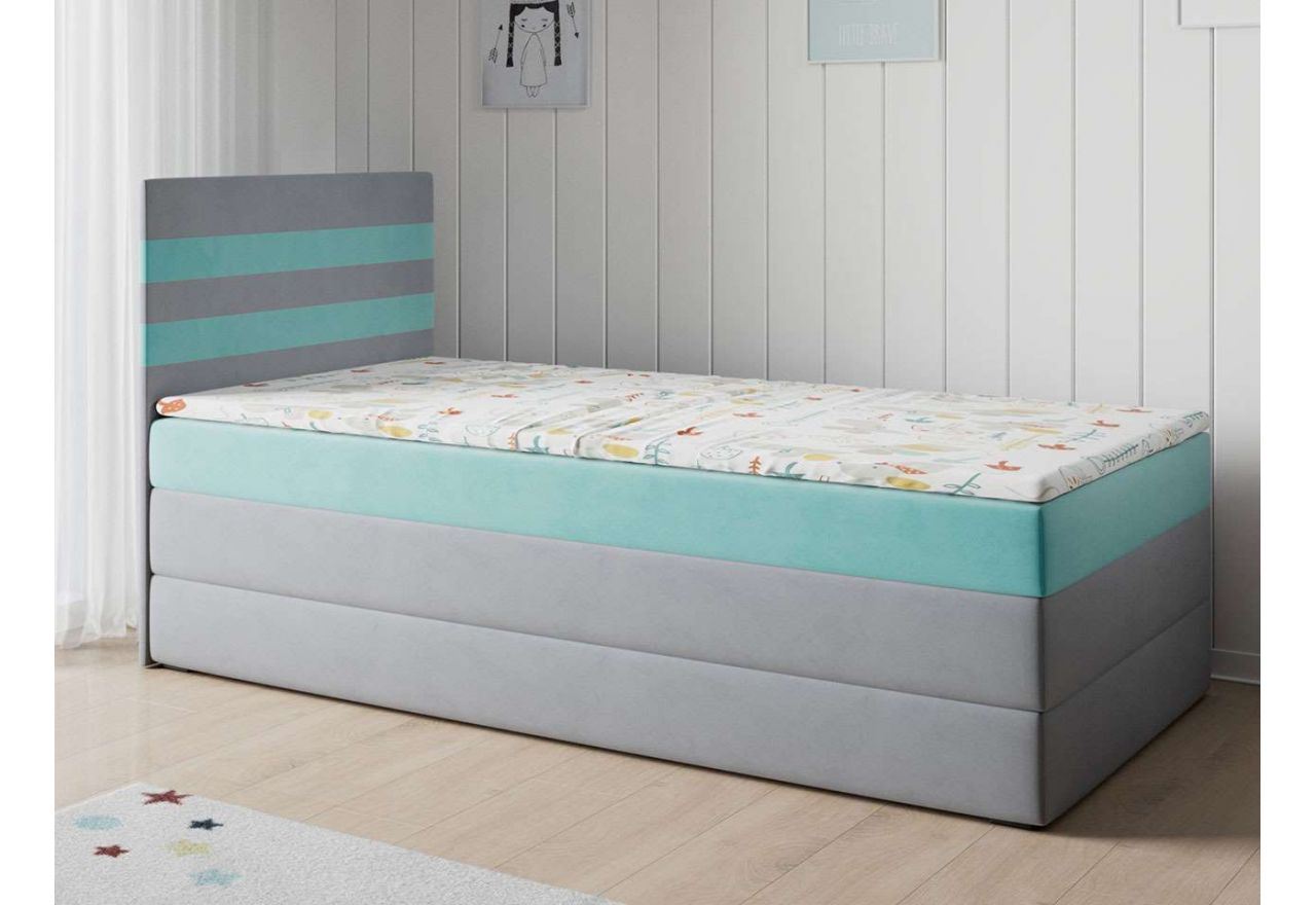 Eleganckie, wysokie łóżko z pojemnikiem i podwójnym materacem - MIKOŁAJ 1 szaro-seledynowa welurowa tapicerka