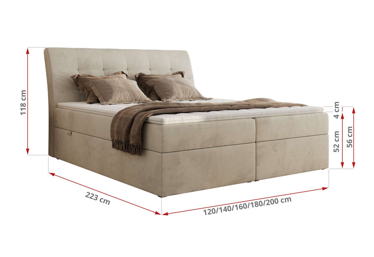 Łóżko kontynentalne - DAGOS 120x200 - H4 - beżowy, welwet - Topper Visco