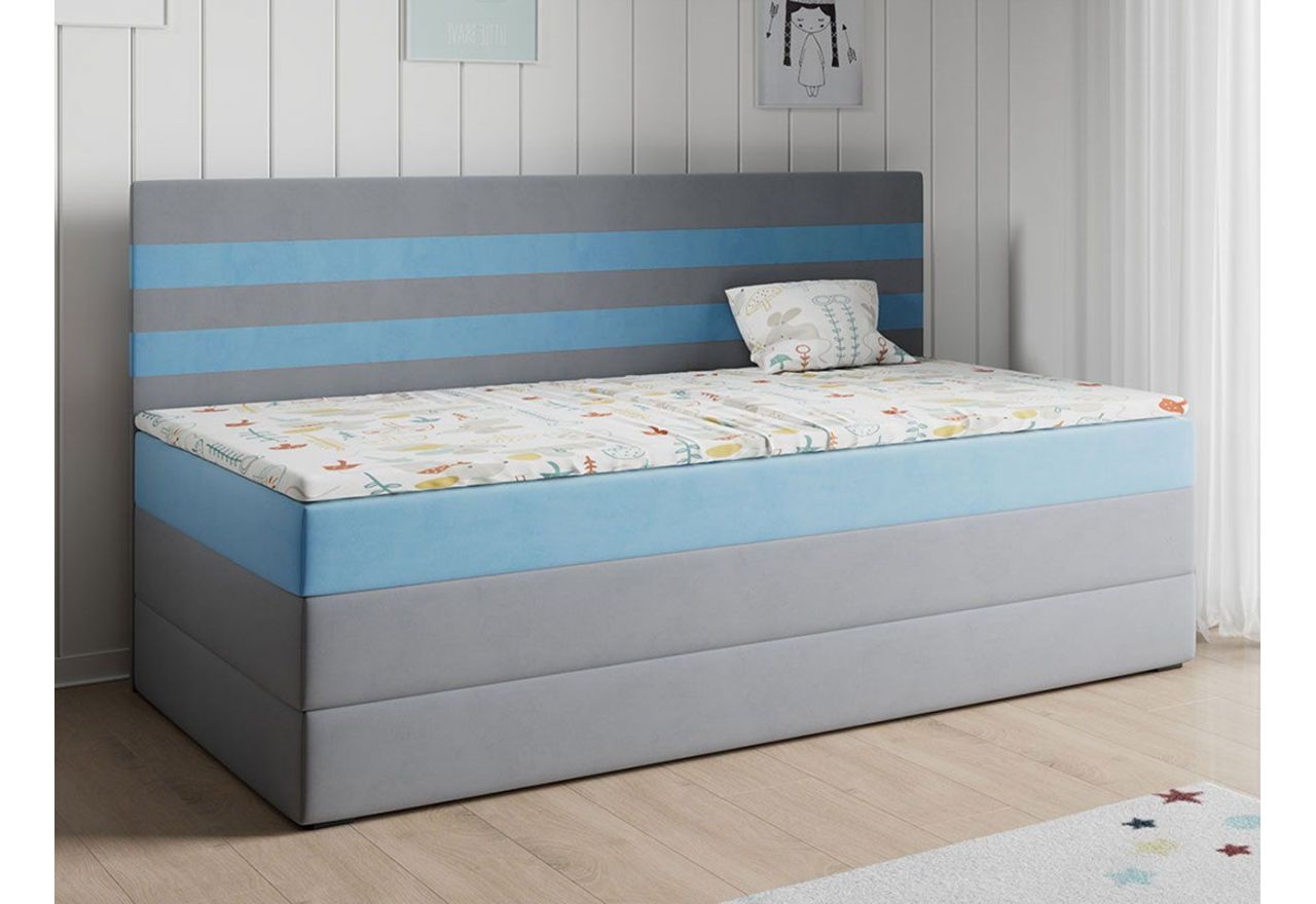 Duże, wygodne łóżko kontynentalne z pojemnikiem na pościel dla dziecka - MIKOŁAJ 2 z szaro-błękitną welwetową tapicerką