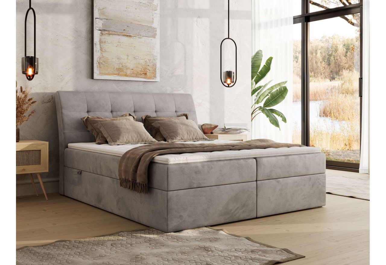 Łóżko kontynentalne - DAGOS 140x200 - H3 - jasnoszary, welwet - Topper Visco