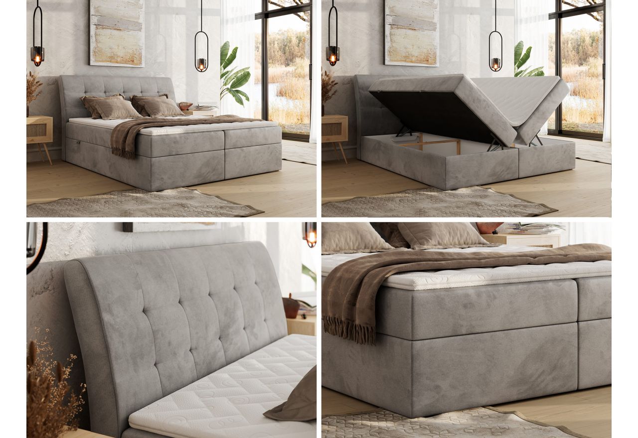 Łóżko kontynentalne - DAGOS 180x200 - H3 - jasnoszary, welwet - Topper Visco