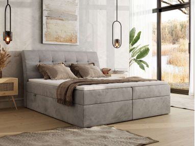 Łóżko kontynentalne - DAGOS 160x200 - H4 - jasnoszary, welwet - Topper Visco