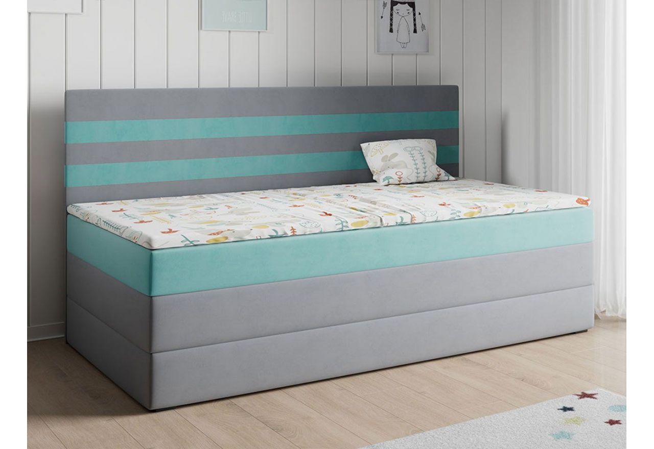 Wysokie, praktyczne łóżko z pojemnikiem i opcją materaca nawierzchniowego - MIKOŁAJ 2 szaro-seledynowa welwetowa tkanina