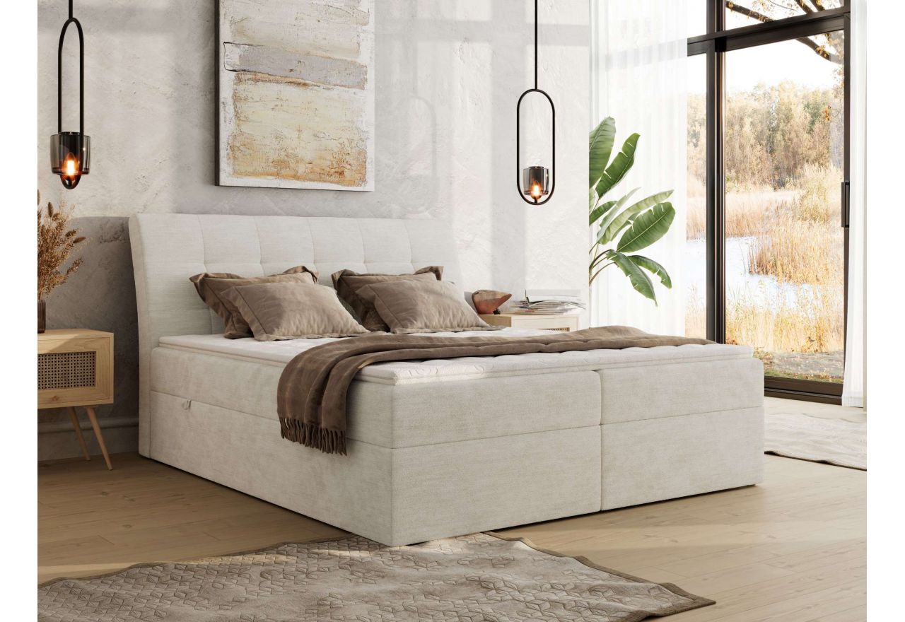 Łóżko kontynentalne - DAGOS 180x200 - H4 - kremowy, szenil gładki - Topper Visco