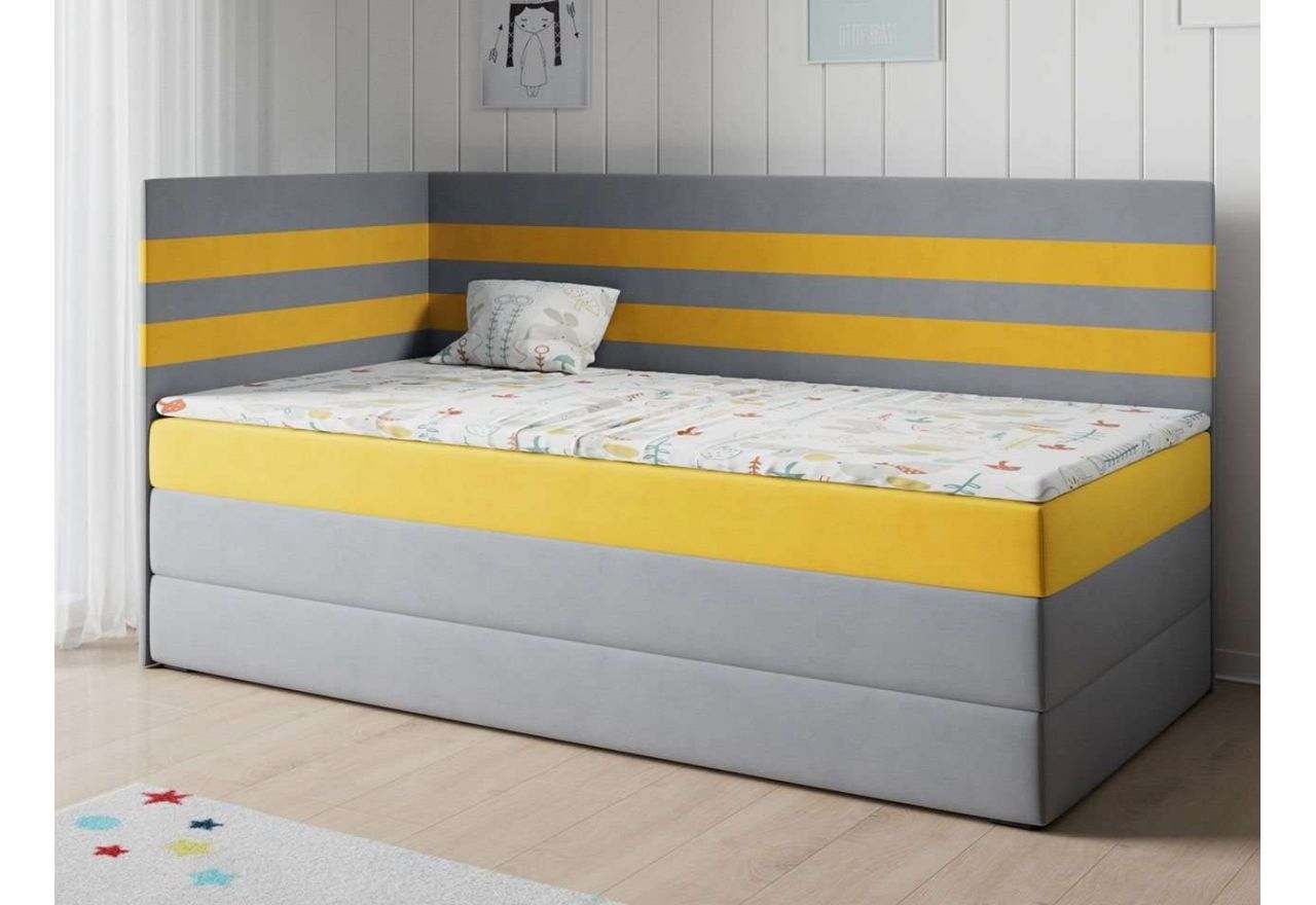 Wygodne, designerskie łóżko kontynentalne jednoosobowe do pokoju młodzieżowego - MIKOŁAJ 3 szaro-żółta welwetowa tapicerka