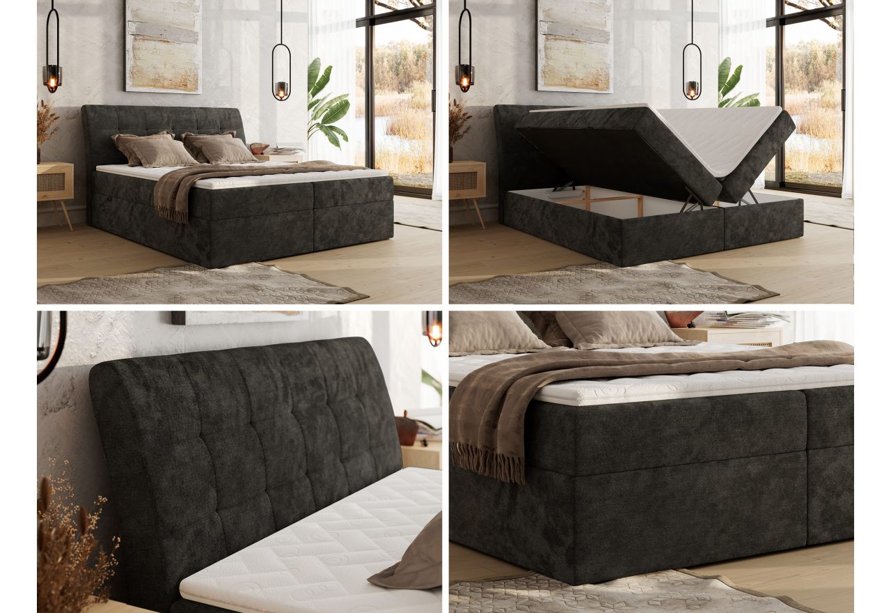 Łóżko kontynentalne - DAGOS 180x200 - H3 - ciemnoszary, szenil gładki - Topper Visco