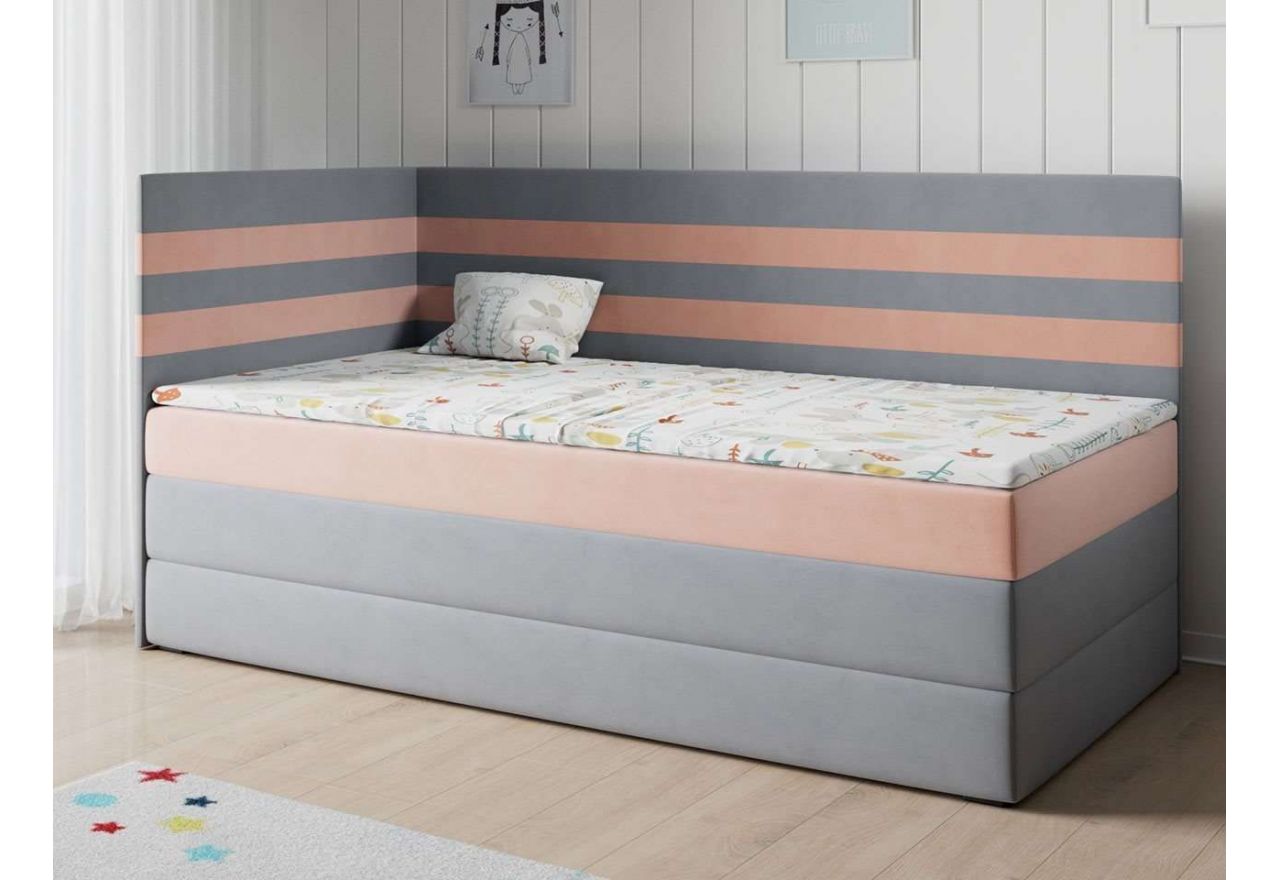 Szare łóżko z różowymi wstawkami, pojedyncze kontynentalne do pokoju - MIKOŁAJ 3 z welwetową tapicerką