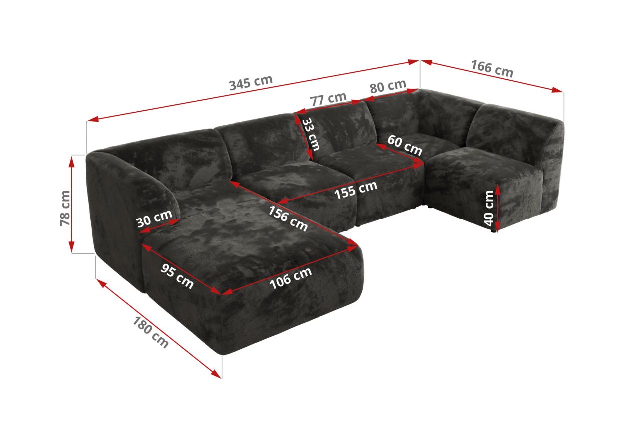 Narożnik MODARO U 5M - strona lewa - ciemnoszary, plusz