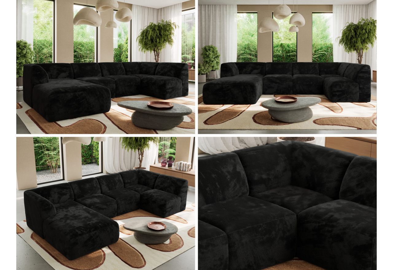 Narożnik MODARO U 5M - strona lewa - czarny, plusz