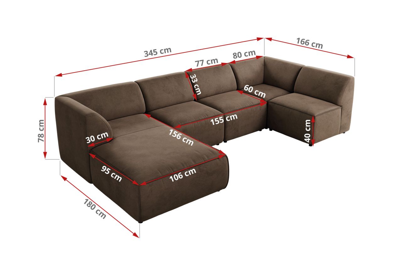 Narożnik MODARO U 5M - strona lewa - brązowy, welwet