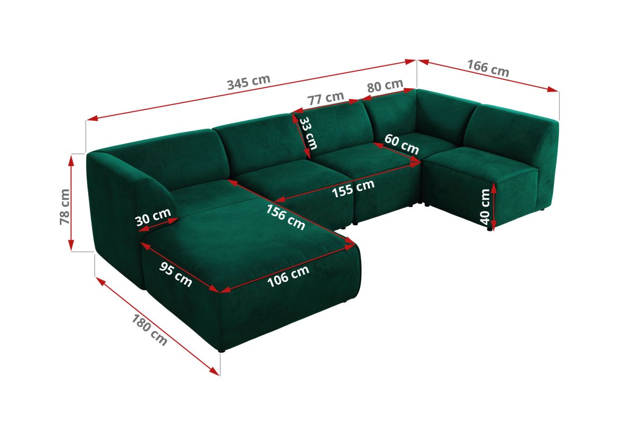 Narożnik MODARO U 5M - strona lewa - ciemnozielony, welwet