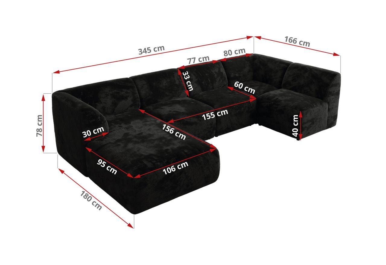 Narożnik MODARO U 5M - strona prawa - czarny, plusz