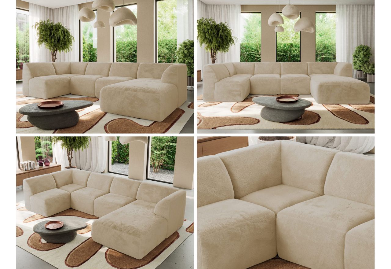 Narożnik MODARO U 5M - strona prawa - kremowy, plusz