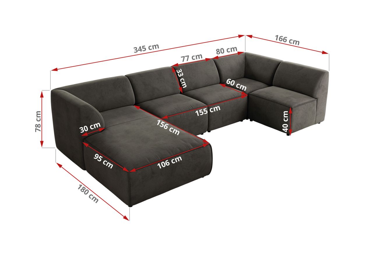 Narożnik MODARO U 5M - strona prawa - ciemnoszary, welwet
