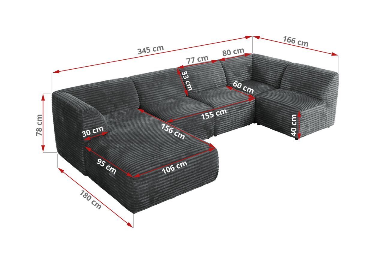 Narożnik MODARO U 5M - strona prawa - szary, sztruks