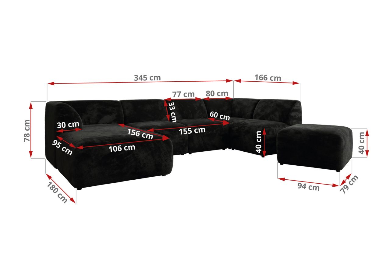 Narożnik MODARO U 6M - strona prawa - czarny, plusz