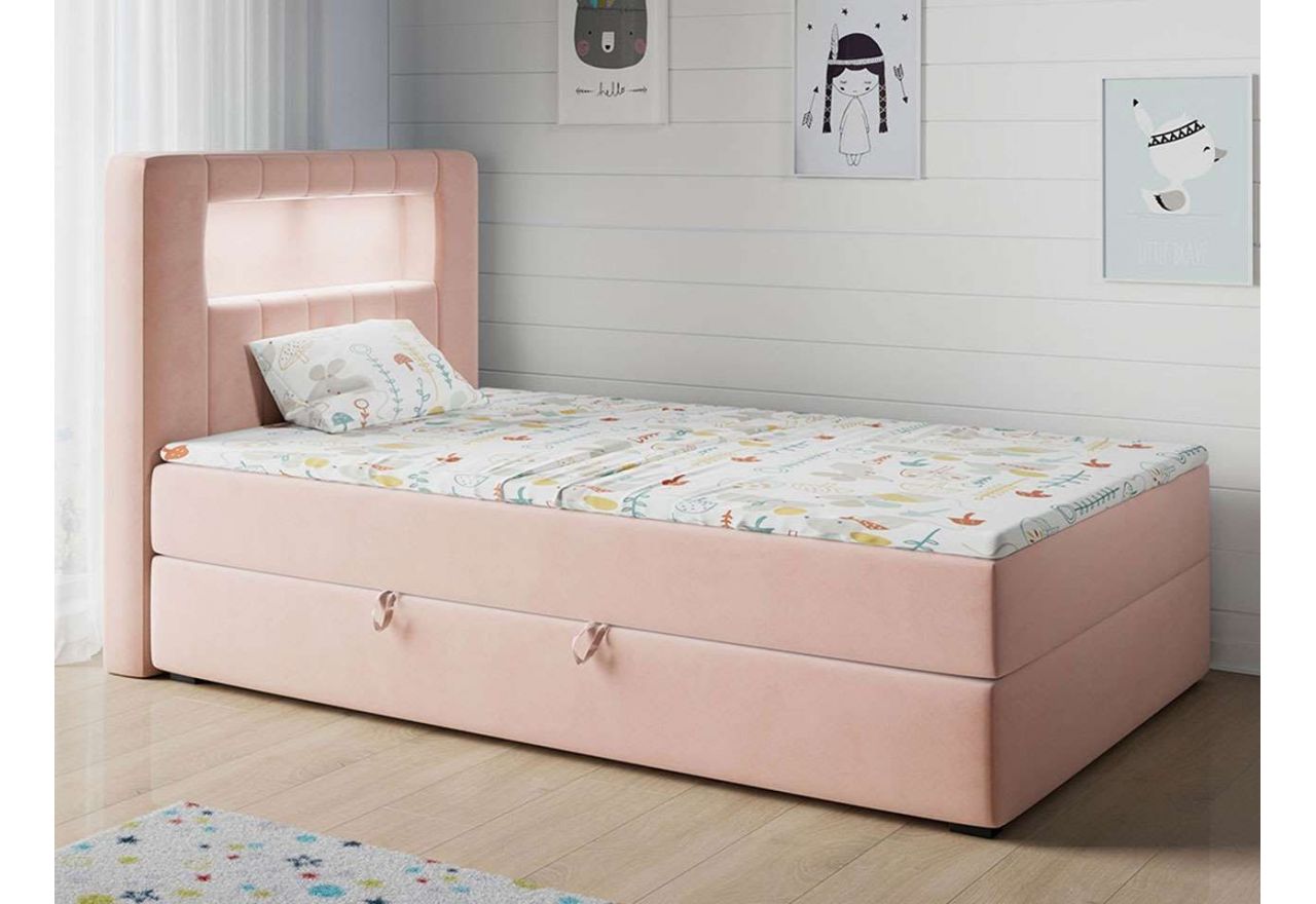 Różowe łóżko pojedyncze kontynentalne z oświetleniem LED i pojemnikiem na pościel - JUNIOR GOLD 1 Magic Velvet 2253