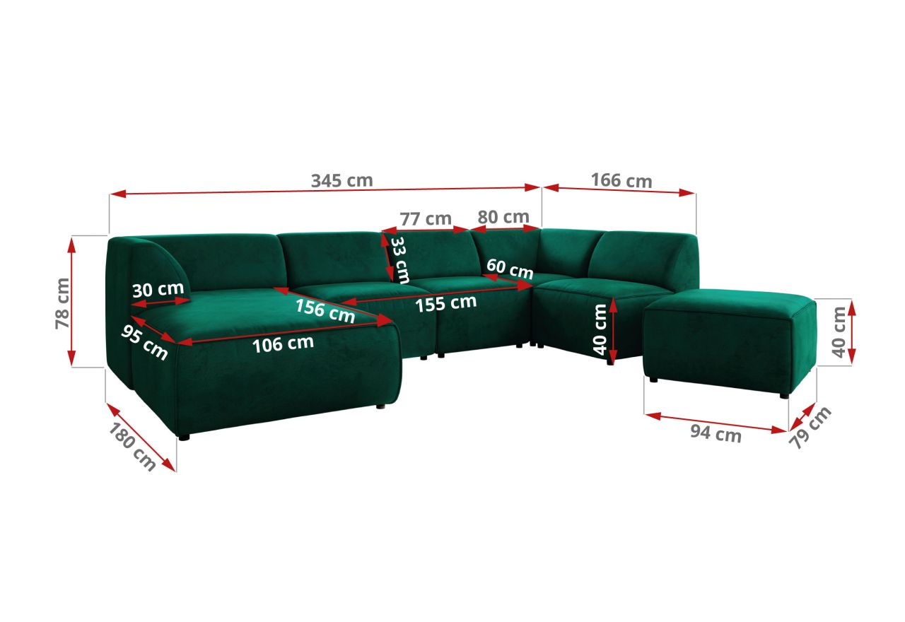 Narożnik MODARO U 6M - strona prawa - ciemnozielony, welwet