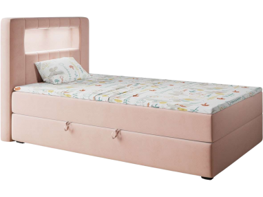 Różowe łóżko pojedyncze kontynentalne z oświetleniem LED i pojemnikiem na pościel - JUNIOR GOLD 1 Magic Velvet 2253