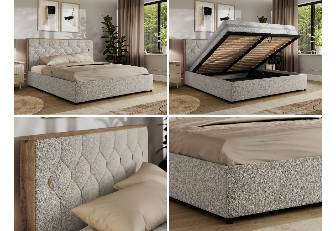 Łóżko tapicerowane LARINO CLASSIC 200x200 - materac pocket - jasnoszary, struktura