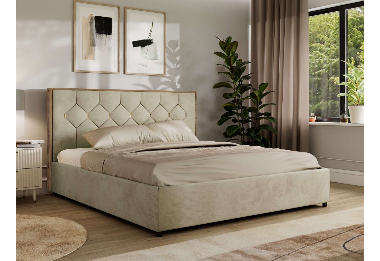 Łóżko tapicerowane LARINO CLASSIC 140x200 - materac pocket - beżowy, welwet