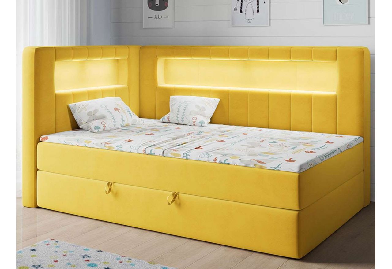 Żółte, eleganckie łóżko kontynentalne, pojedyncze z oświetleniem LED i pojemnikiem - JUNIOR GOLD 3 Magic Velvet 2228